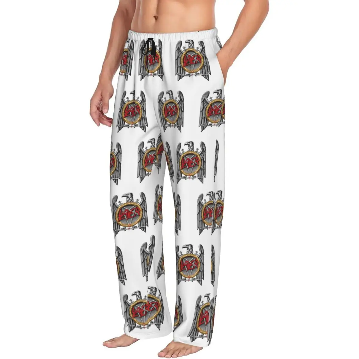 Custom S-slayers  Silver Eagle Pajama Pants for Men Heavy Metal Rock Lounge Sleep Drawstring Sleepwear Bottoms with Pockets