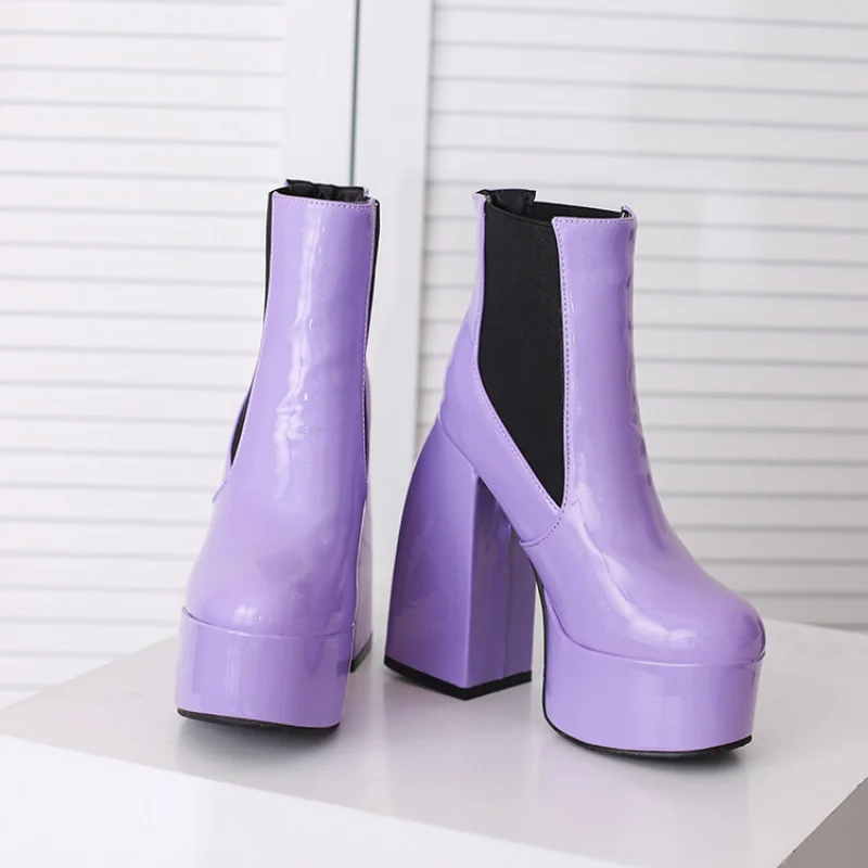 2023 Elastic Lacquer Leather Ankle Short Boots Candy Color Waterproof Platform 14cm Thick Heel Women\'s Stage Performance Boots