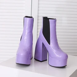 2023 Elastic Lacquer Leather Ankle Short Boots Candy Color Waterproof Platform 14cm Thick Heel Women's Stage Performance Boots