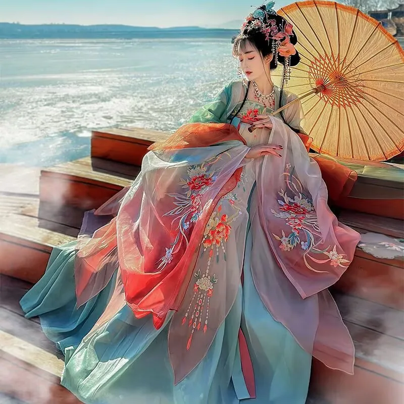 

Hanfu Dress For Women Chinese Style Retro Embroidery Fairy Orange Green Hanfu Halloween Cosplay Party Dance Performance Costume