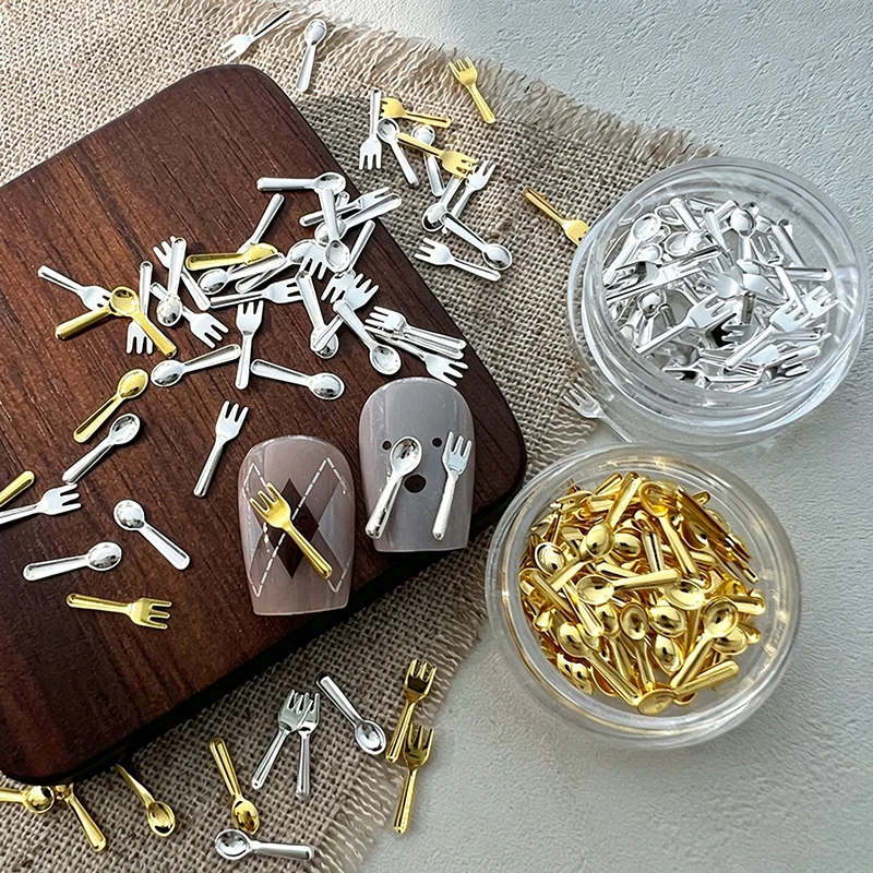 50/100Pcs 3D Mixed Fork Spoon Nail Charms Gold Silver Mini Metal  Tableware Nails Art Decorations Korean Manicure Accessories ZC