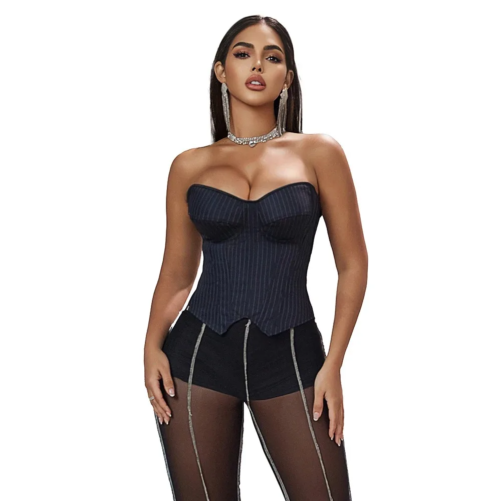 Mulheres listrado azul preto espartilho bustier senhora do escritório elegante sexy sutiã sem alças superior rendas até espartilhos góticos zip desossado shapewear