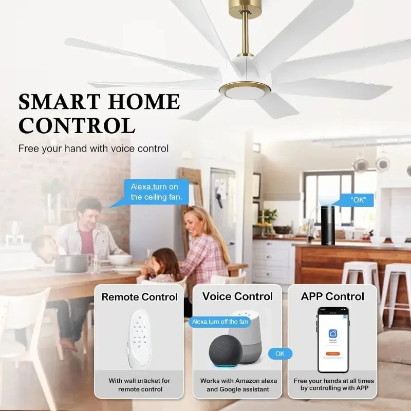 Ventilador de teto controle remoto com luz regulável, alta CFM Silencioso, Motor DC, moderno, inteligente, grande