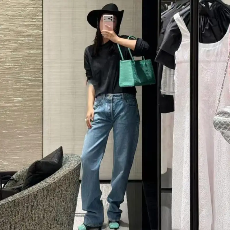 

Spring/summer Straight-Pants 2026 Backpack Buckle Low-waist Tricolor Denim Jeans That Lengthen Legs And Enhance Height For Women