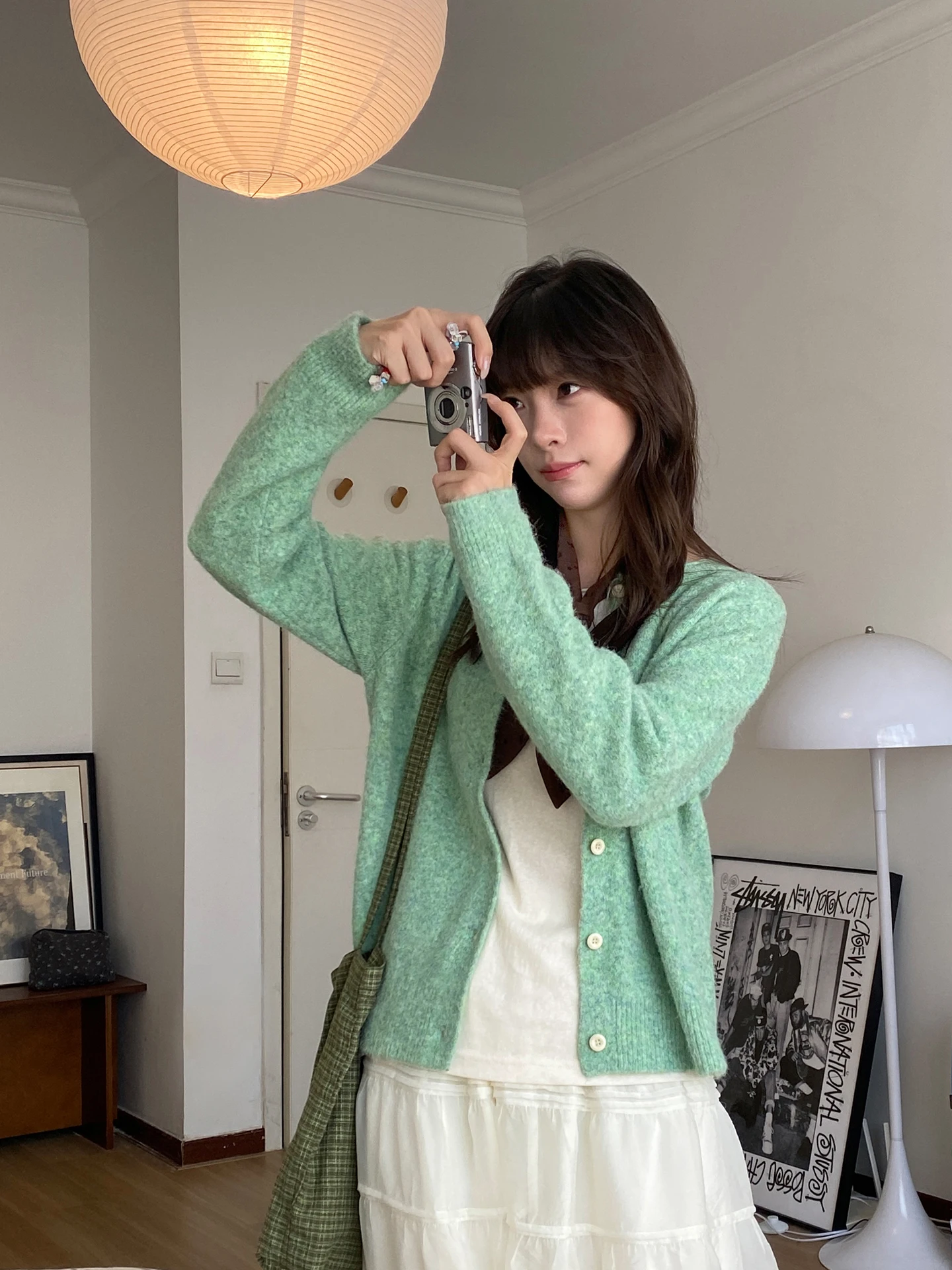 

Women's Knitted Sweater Cardigan Small Roll Floral Velvet Mixed Color Autumn Top Straight Tube Sle Long Sve round Ne