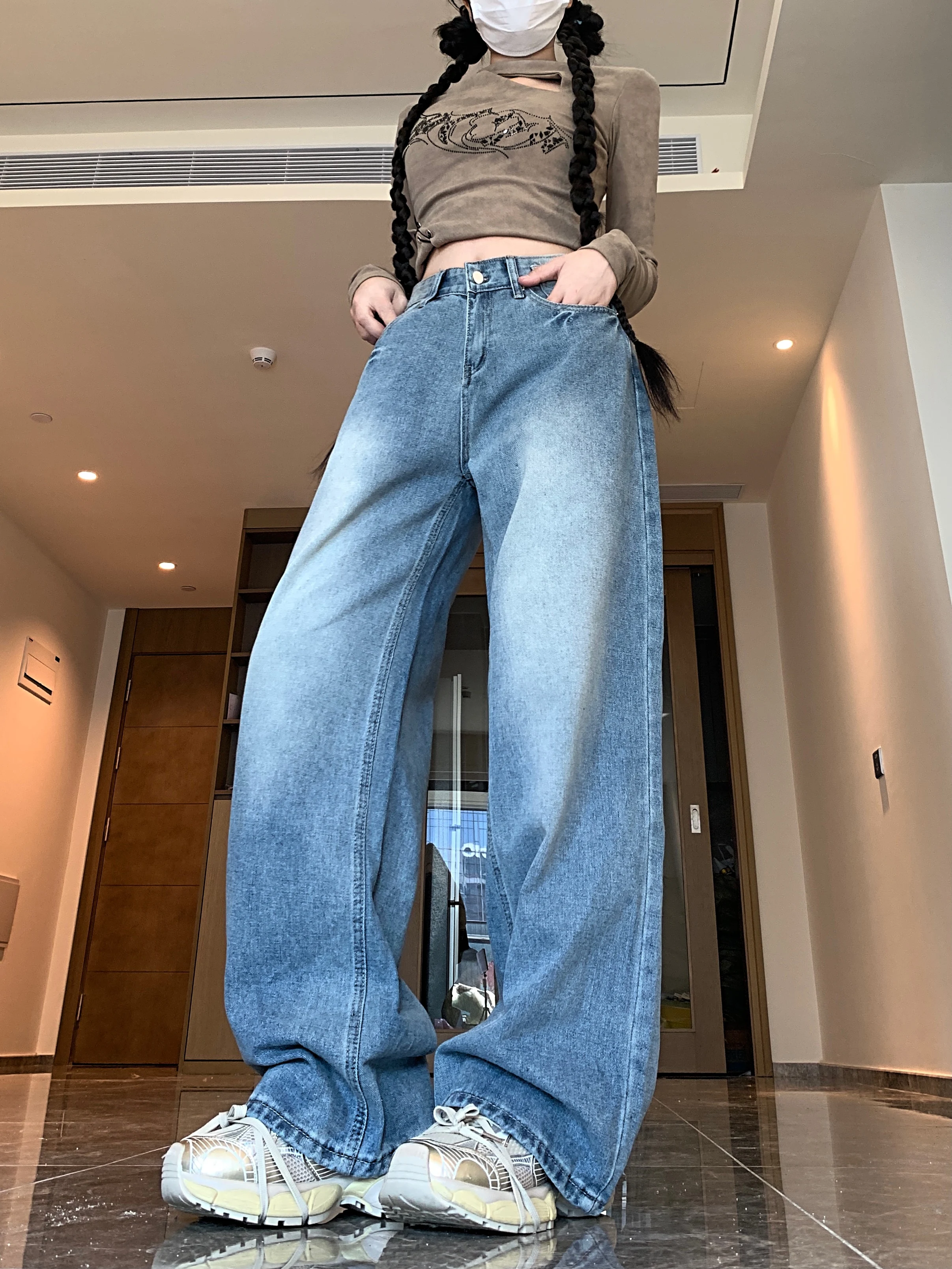 Primavera nova rua retro americana lavada jeans retos calças de perna larga feminina