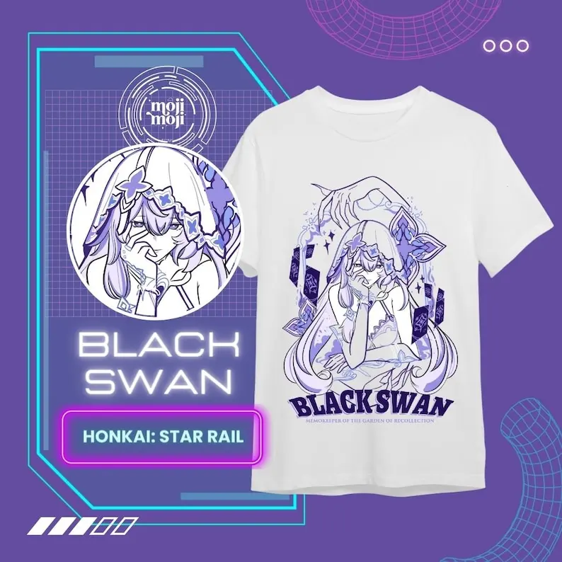 

Рубашка Black Swan Honkai Star Rail FRONT ONLY с принтом Honkai: Star Rail Футболка Black Swan Merch Геймерская рубашка Подарки для геймеров
