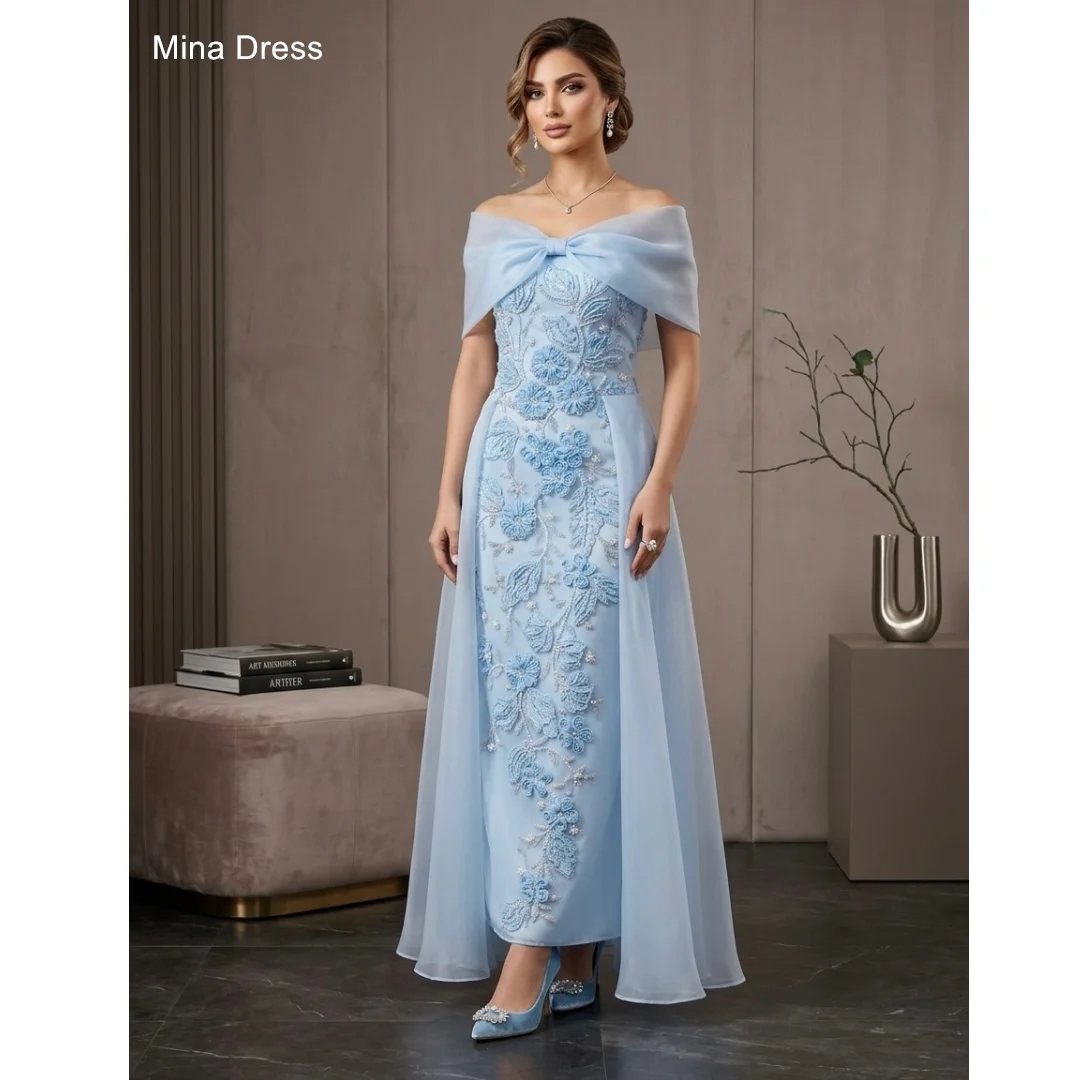 Vestidos de Fiesta Elegantes y de Lujo de Elie Saab, Personalizados por Mina, Color Azul Cielo, con Cuentas y Lentejuelas, Flores, Hombros Descubiertos, con Pedrería, para Curvas, Estilo Rochi
