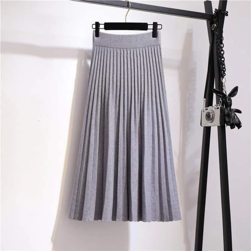 Knitted skirt women mid-length spring and autumn new 2023 elastic high waist thin a-line wool solid pleated long skirt female