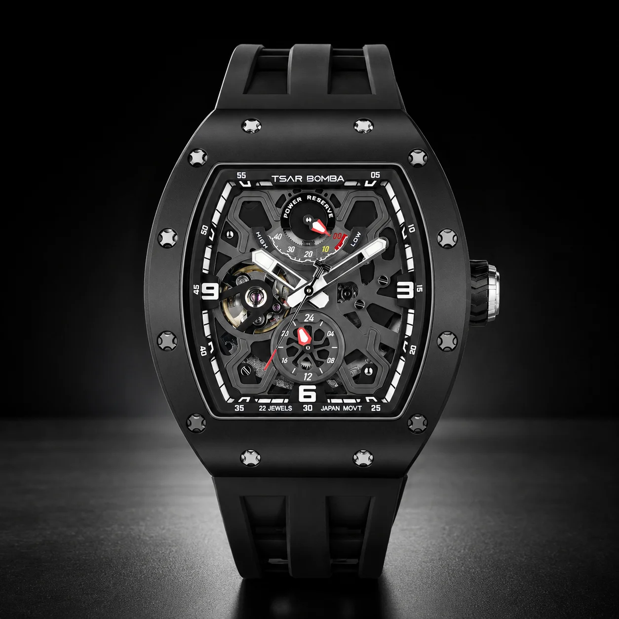 

TSAR BOMBA Men Mechanical Watch Epson Movement Carbon Fiber Ceramic Sapphire Crystal FKM Strap 50M Waterproof Luminous Skeleton