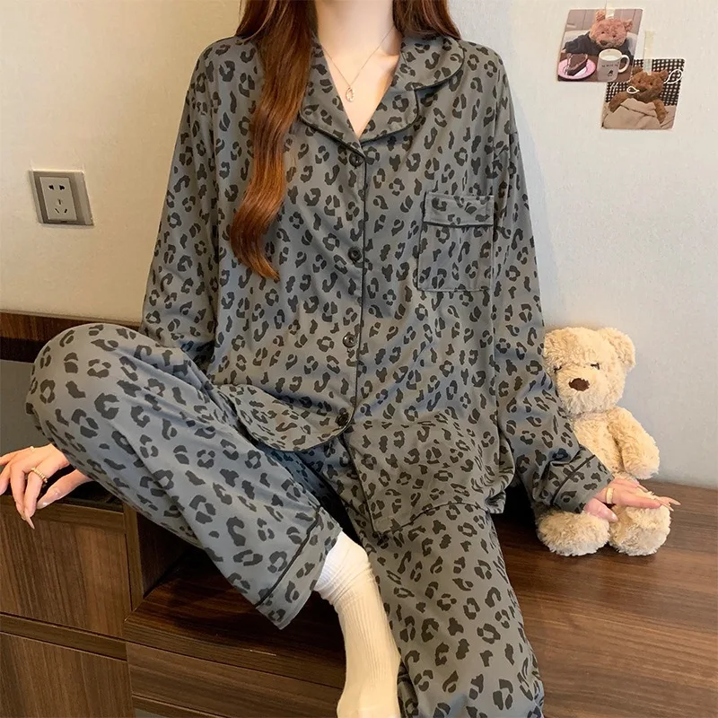 

Gray Leopard Print Pajamas Women Spring and Summer Simple Cotton Long Sleeve Cardigan Loungewear Set Large Size Ladies Sleepwear