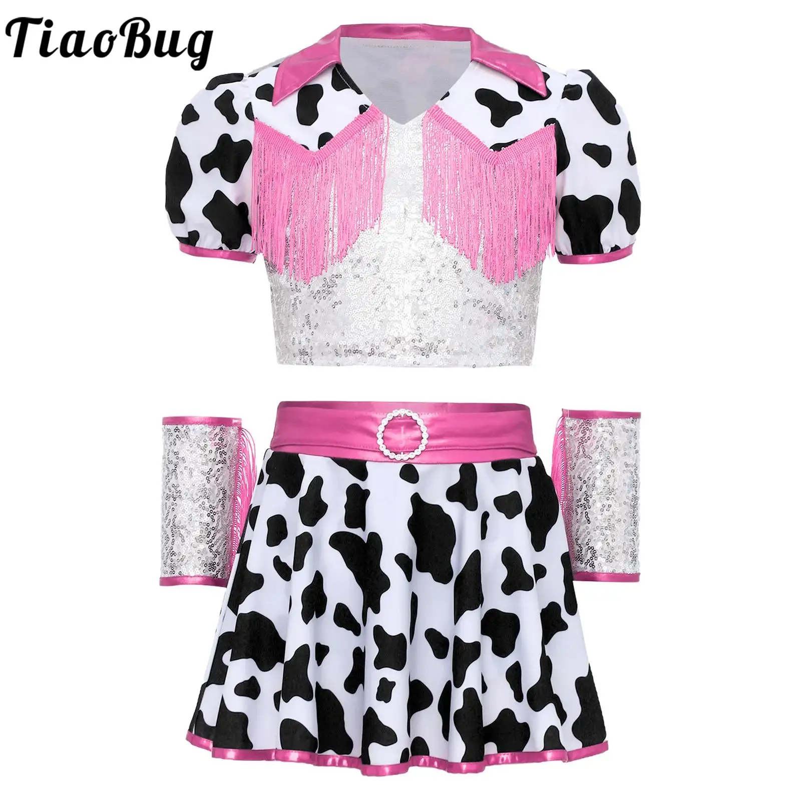 

Girls Print Cowgirls Costumes Outfits Halloween Dress Up Sequined Short Sleeve Fringe Crop Top Shorts Skirt and Wrist Cuffs Sets