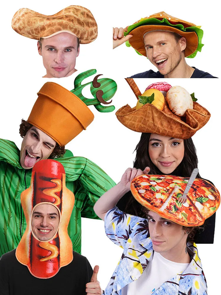 Divertido Sombrero de loween con Diseño de Comida, Gorra de Poliéster con Diseño de Hot Dog, Pizza, Hamburguesa, Cacahuete...