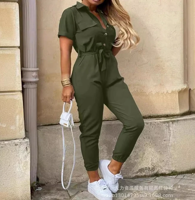 

Large Women's New Solid Color Polo Neck Short Sleeve Lace Up Button Waist Tight Leggings Fashion Casual Versatile Jumpsuit