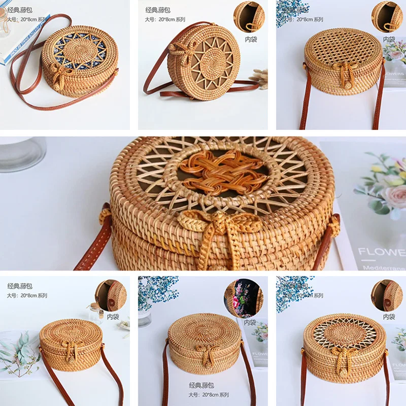 Rattan Woven Round Crossbody Bags Women Handbag Luxury Designer Handmade Straw Beach Bag Female Bohemian Shoulder Bag Bali Box