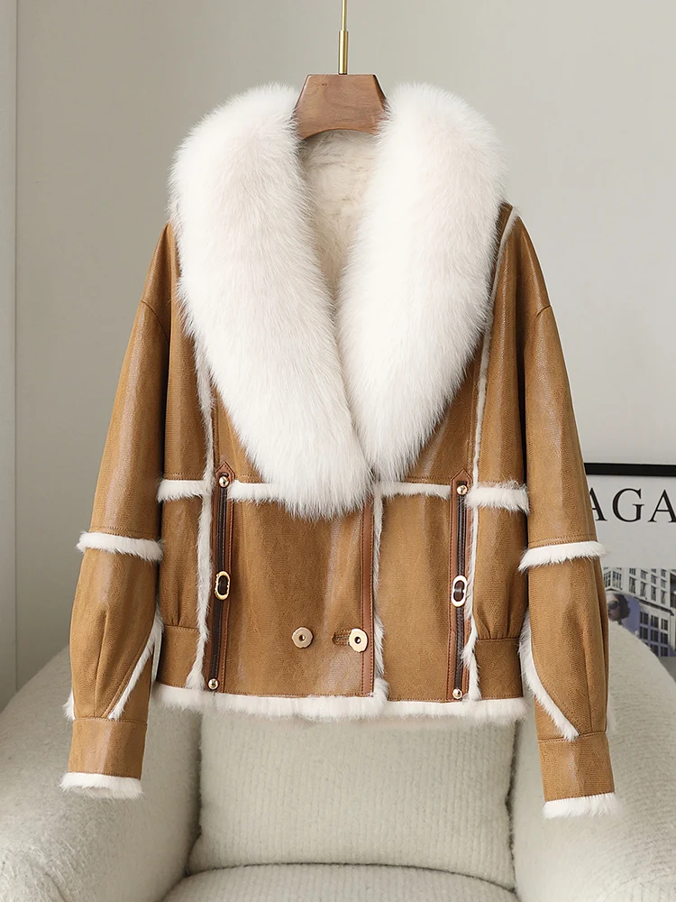 

Haining 2023 Winter Rabbit Hair and Fur Integrated Hair Collar Women's Short Fashionable Rabbit Hair Fur Coat