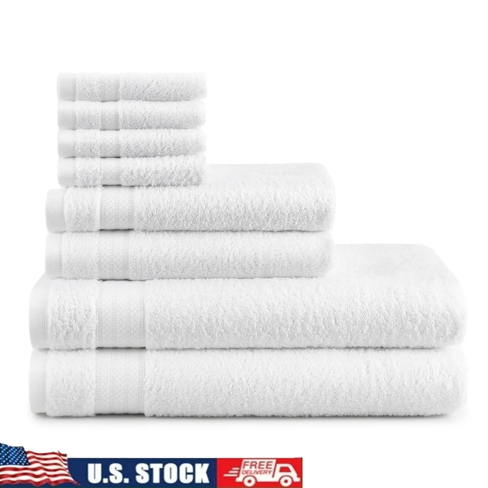 

8 Piece 100% Cotton Towel Set Soft Absorbent Fade Resistant Machine Washable OEKO-TEX Certified Bath Hand Washcloths White