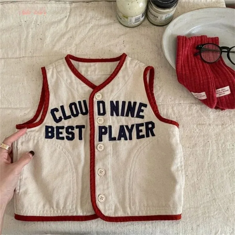 1-10Y Children's Vest 2025 Spring Autumn New Item Letter Camisole Top for Children Korean Boy Girl Color Collision Denim Vest