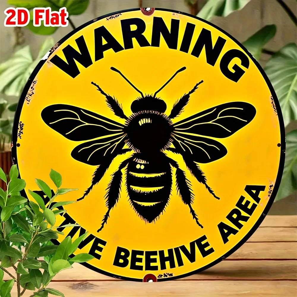 Warning Active Beehive Area Graphic Round Metal Tin Sign 2D 1PC 20x20cm Backyard Garden Iron Wall Decor