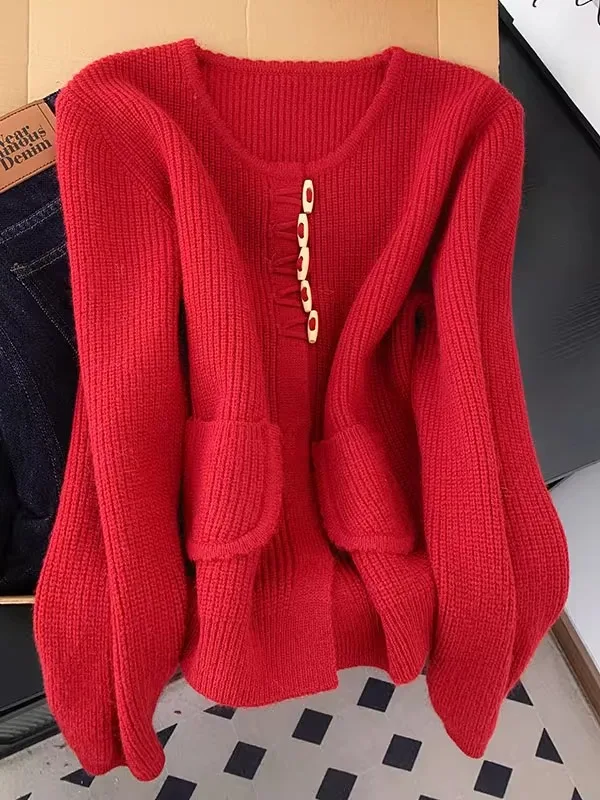 

Red Lazy Sle Sweater Coat Women's Winter Layering High Waist Loose Fit Long Sve round Ne Knitwear Casual Autumn Winter