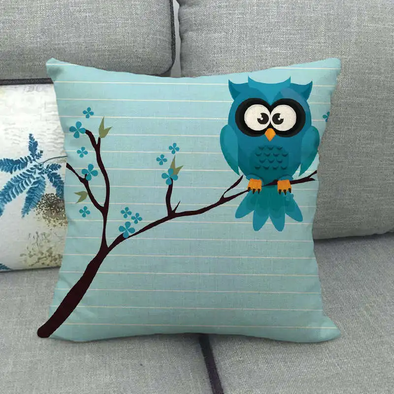 Kawaii Owl Pillow Cover Summer Blue Red Owl Pillow Case Home Decor Girl Boy Kids Room Gift Pillowcase for Sofa Bed Chair 40x40