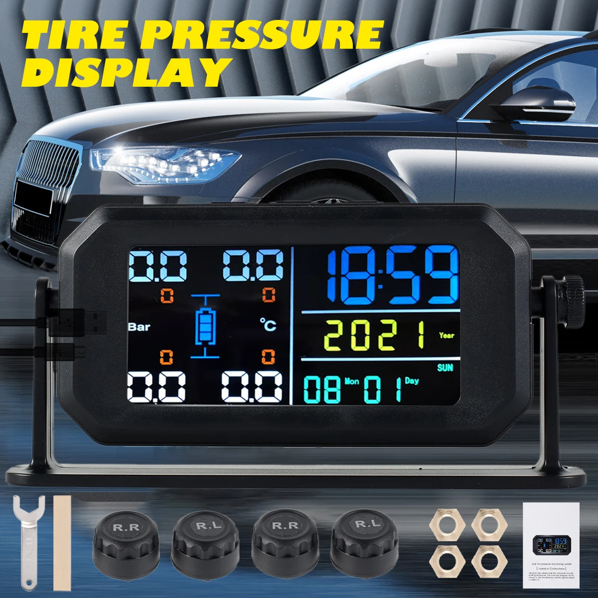 Tire Pressure Monitoring System Solar & USB Powered Tire Pressure Monitor with LCD Screen/4 Sensors/Multiple Alarm Modes IPX7