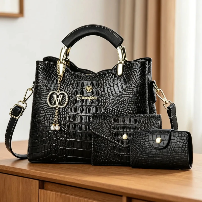 3-piece women's bag set, high-quality crocodile pattern ladies' handbag, color-blocking large-capacity bucket bag, personalized