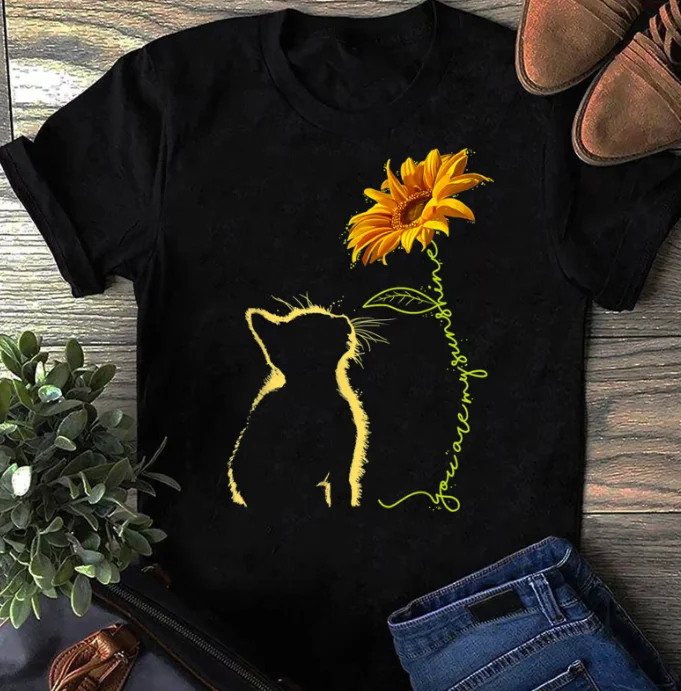 Cute Cat Sunflower Graphic T Shirt You Are My Sunshine Design Short-sleeved Tee Aesthetic Casual Versatile Top for Women/Girls