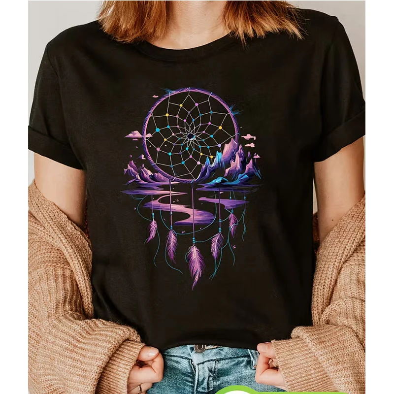 Women's Dream Catche Print Short Sleeve T Shirt 90s Women Casual Gothic Y2k Streetwear Clothes All Seasons Crew Neck Tees Tops