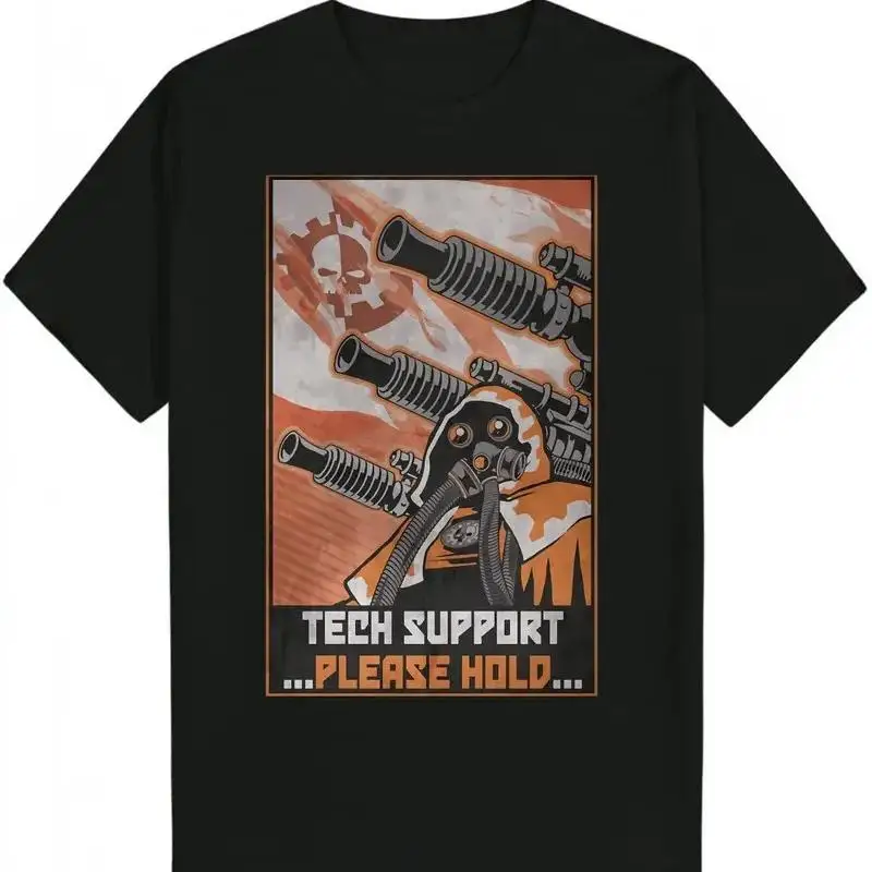 Schwarzes Herren-T-Shirt mit TECH SUPPORT-Aufdruck, lässig, aus Polyester, mit kurzen Ärmeln.