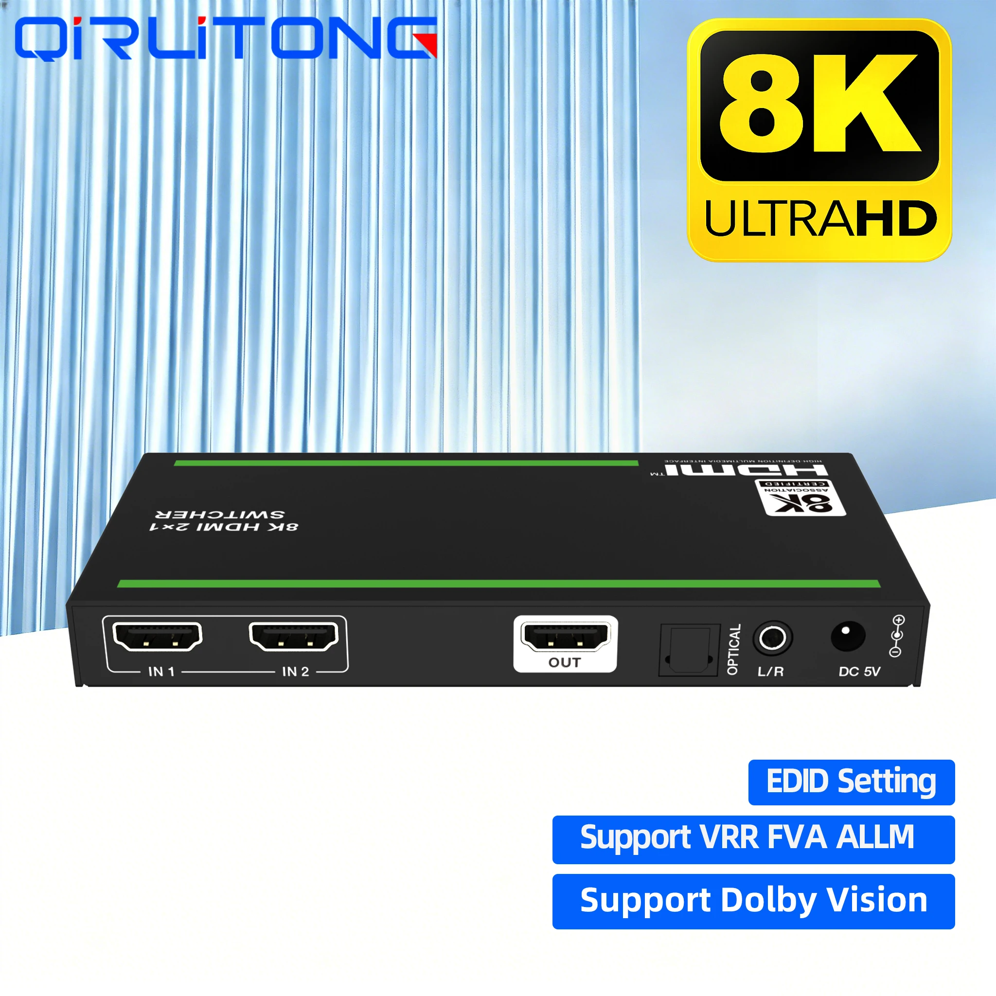 8K HDMI 48Gbps 2x1 Switcher 2.1 8K60Hz 4K120Hz 2 in 1 out Switcher Supports VRR, FVA, ALLM Dolby Vision EDID Management