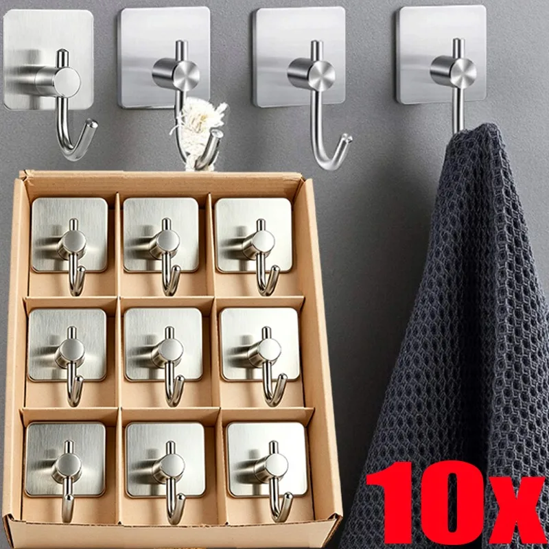 1/4/10PCS Adhesive Wall Hooks Stainless Steel Hooks Bathroom Hardware Multi-Purpose Hooks Household Organizer Towel Key Holder