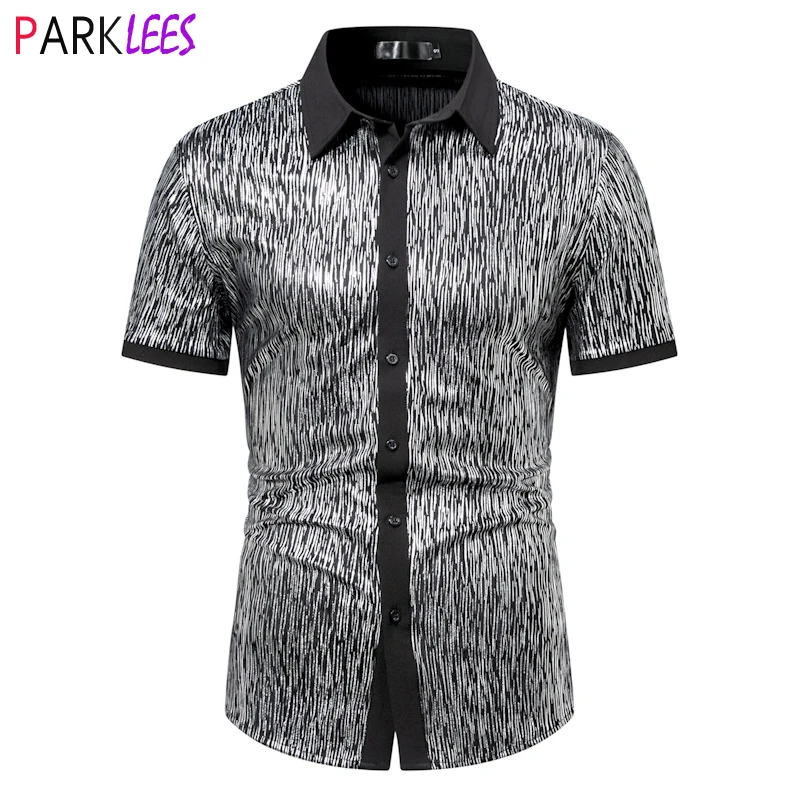 

Shiny Silver Metallic Mens Dress Shirts Short Sleeve Button Down Party Shirt for Men Stage Prom Nightclub Costume Shirt Chemise