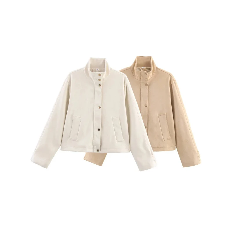 Damen Elastische Wildlederjacke mit Kordelzug in Braun, Modische Jacke mit Langen Ärmeln und Stehkragen, Locker Geschnittener Mantel für Frühling, Alltag und Streetwear 2026 – Detail 9