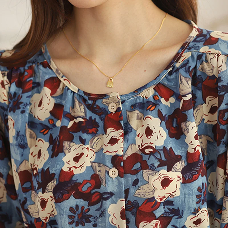 Camicetta da donna allentata con maniche a lanterna con scollo a o in Chiffon Vintage con stampa floreale camicette femminili monopetto abbigliamento donna 2024