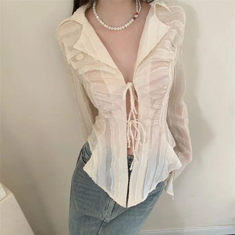 Gidyq Women Sexy Lace Up Blouse Korean Fashion Ladies Long Sleeve Shirt White Y2K Spring New Turn Collar Female Tops