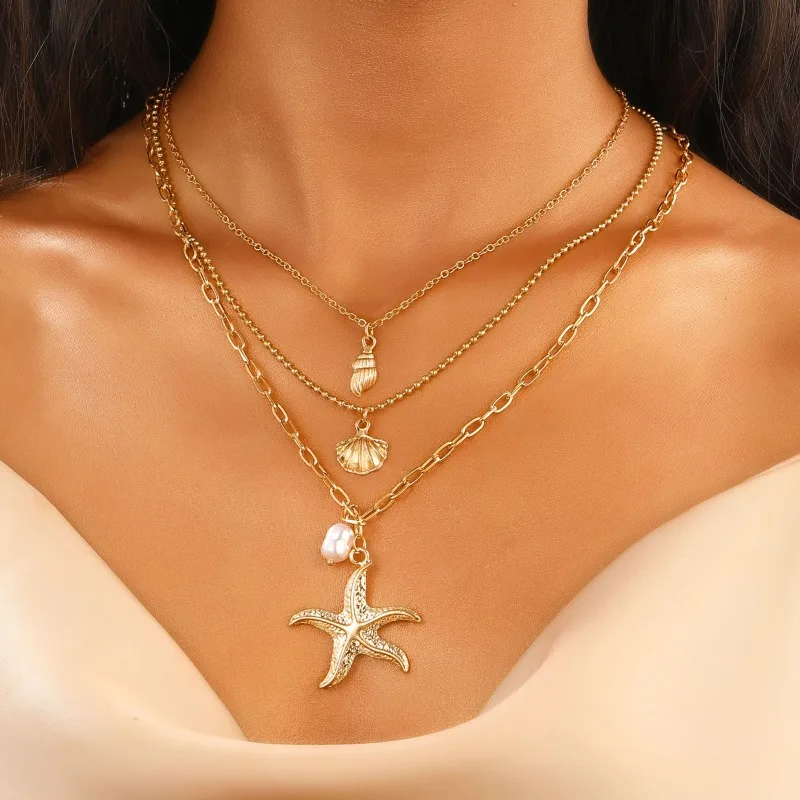 Fashionable Three-layer Pearl Starfish Shell Pendant Necklace for Women Trendy Summer Ocean Beach Party Jewelry Accessories