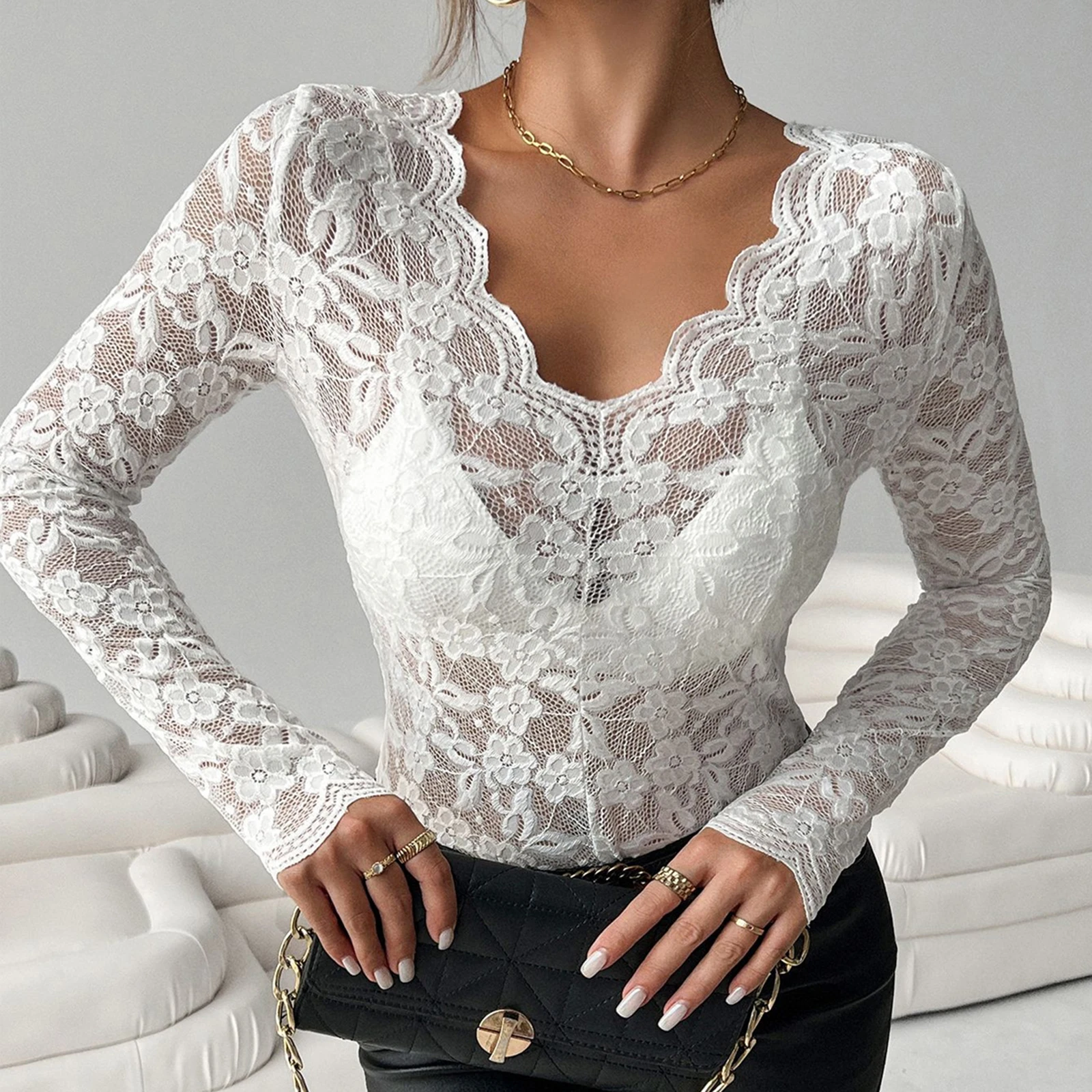 

Women’s Spring Summer Solid Color Lace Scalloped Tops Long Sleeve V Neck See Through Slim Fit Sheer T-Shirts