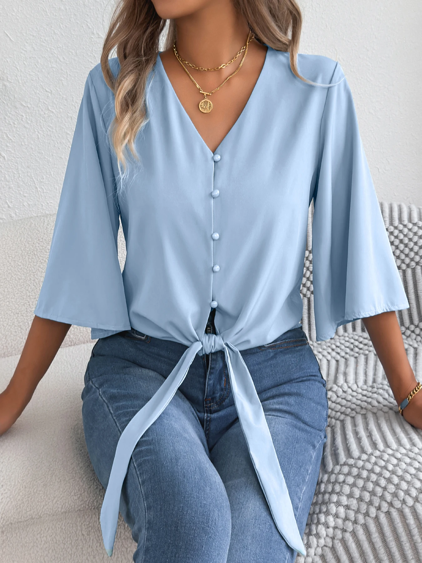 

Свободная рубашка с v-образным вырезом и пуговицами, расклешенная рубашка с длинным рукавом на шнуровке, розовый, синий, хаки, топы на День святого Валентина, женские осенние повседневные однотонные топы