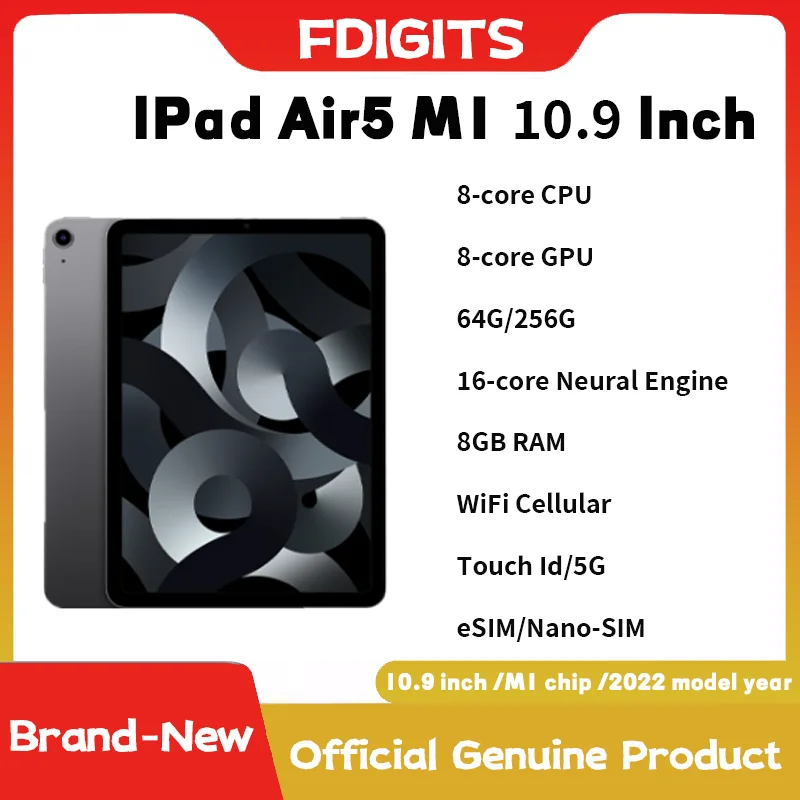 

IPad Air5 M1 10.9Inch(5th Generation) 64G/256G WiFi Cellular Touch ID,eSIM, Original 8-core CPU 8-core GPU 16-core Neural Engine