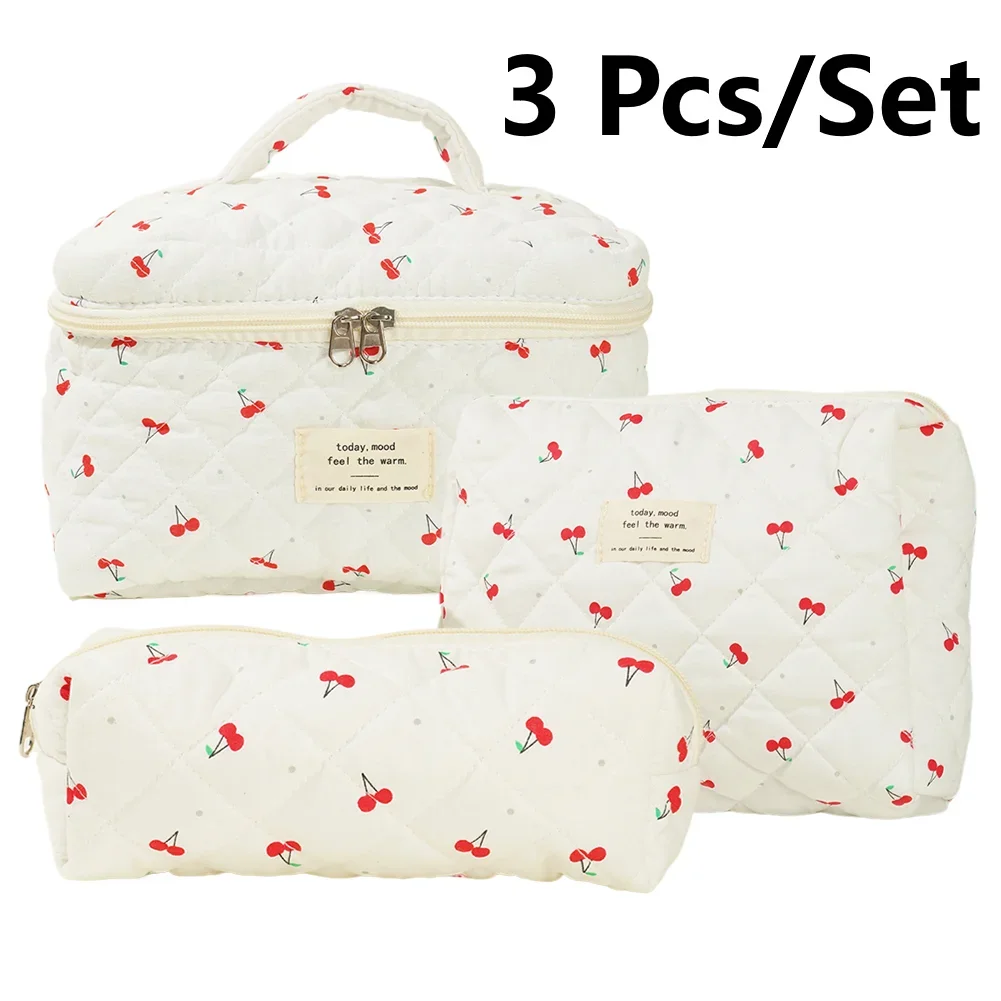 3 pz/set borsa per il trucco trapuntata da donna borsa cosmetica con motivo a ciliegia con pochette e astuccio per penne borse da viaggio di grande