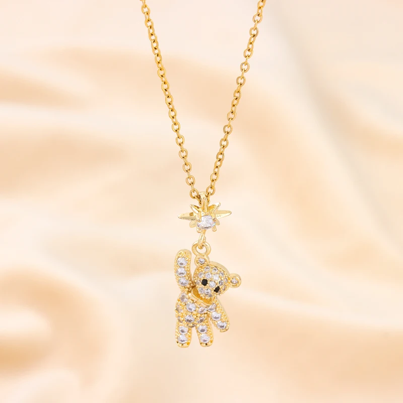 New Cute Hello Bear Pendant Necklaces For Women Temperament Fashion Stainless Steel Female Clavicle Chain Ladies Neck Jewelry
