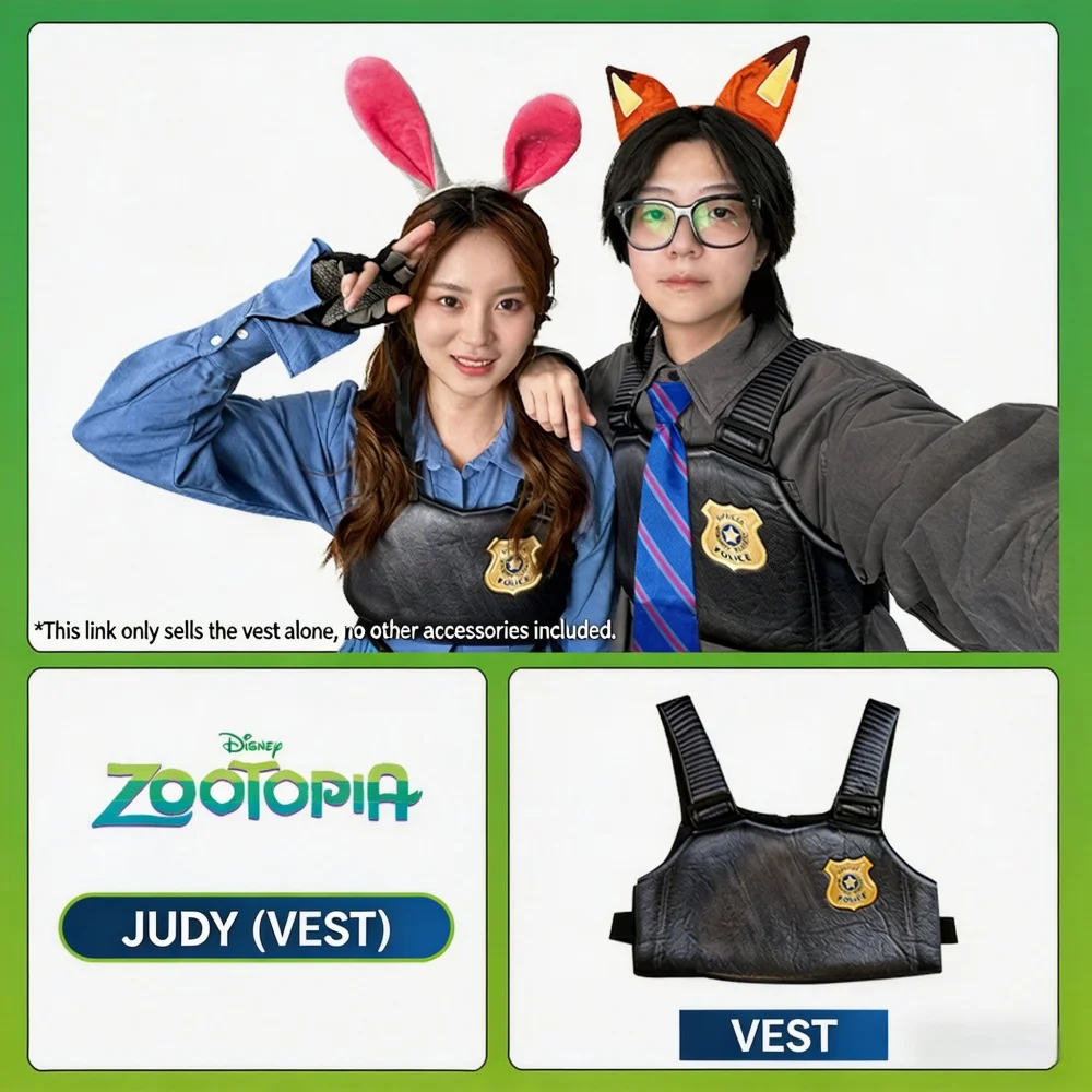 

Оригинальный костюм для косплея Disney Zootopia, комплект из 3 предметов, повязка на голову Джуди Хоппс, жилет, пояс для женщин и девочек, игрушки для переодевания