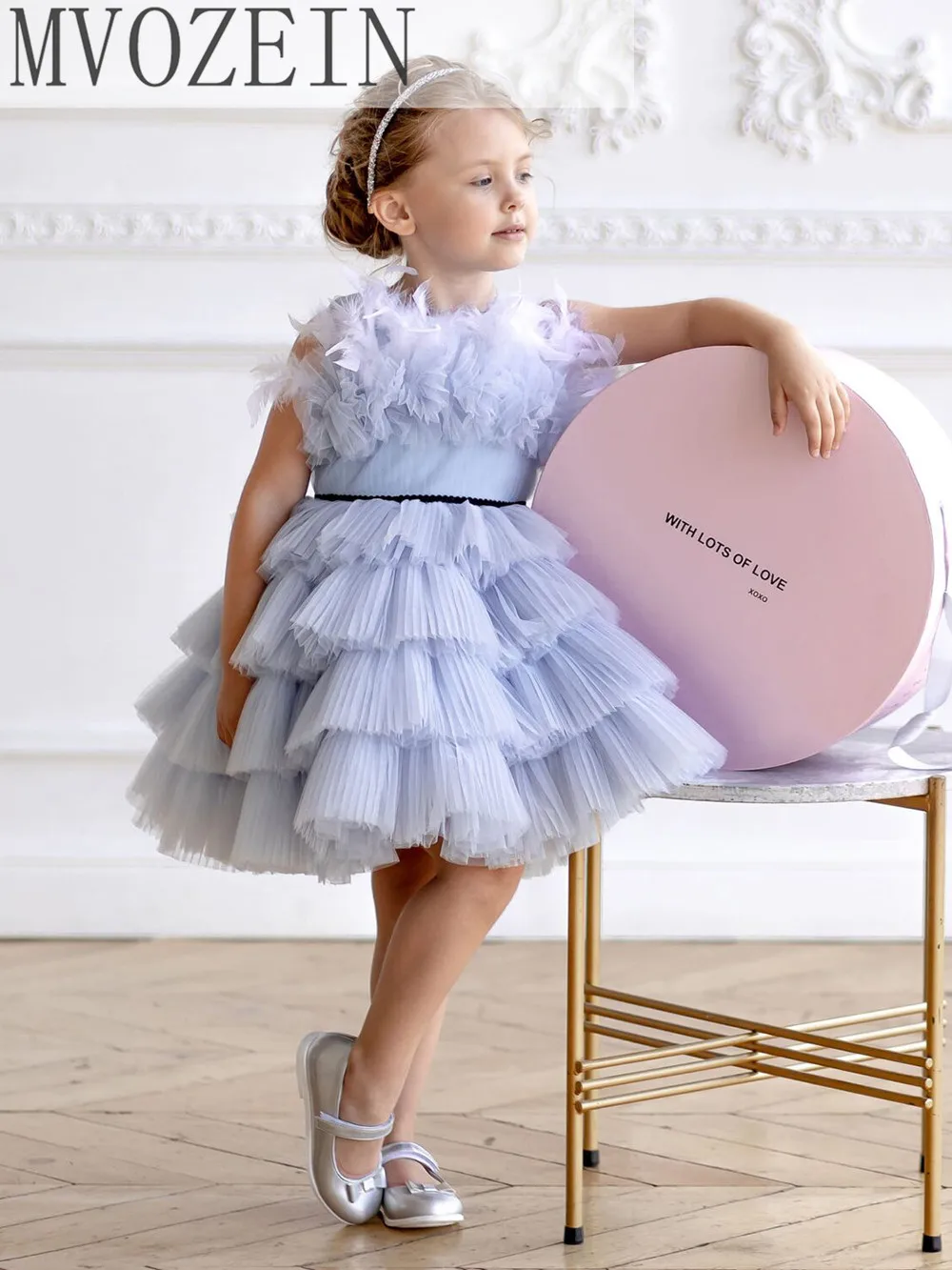 Mvozein Puffy Layers Girl Dress Blue Flower Girl Dress Kid Birthday Dress Wedding Party Dress Princess Dress Vestido Robe