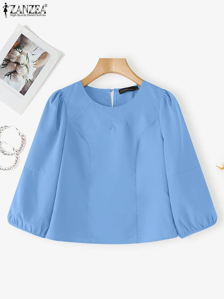 ZANZEA เสื้อผู้หญิงขนาดใหญ่ 2025 ฤดูใบไม้ร่วงแขนพัฟเสื้อหรูหราแฟชั่น 3/4 แขน O-คอสบายๆเสื้อเกาหลี