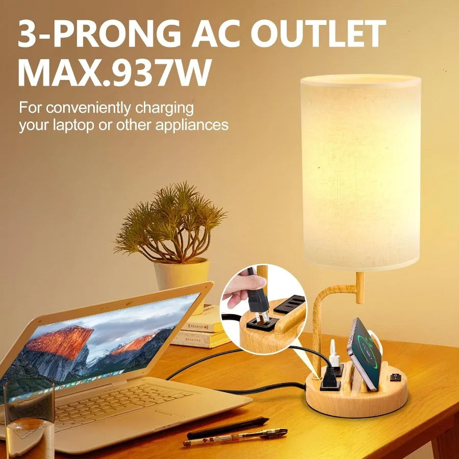 Table Lamp with 3 USB Charging Ports Modern Desk Lamp with AC Outlet and Phone Stands Perfect Bedside Lamp for Bedroom Living R