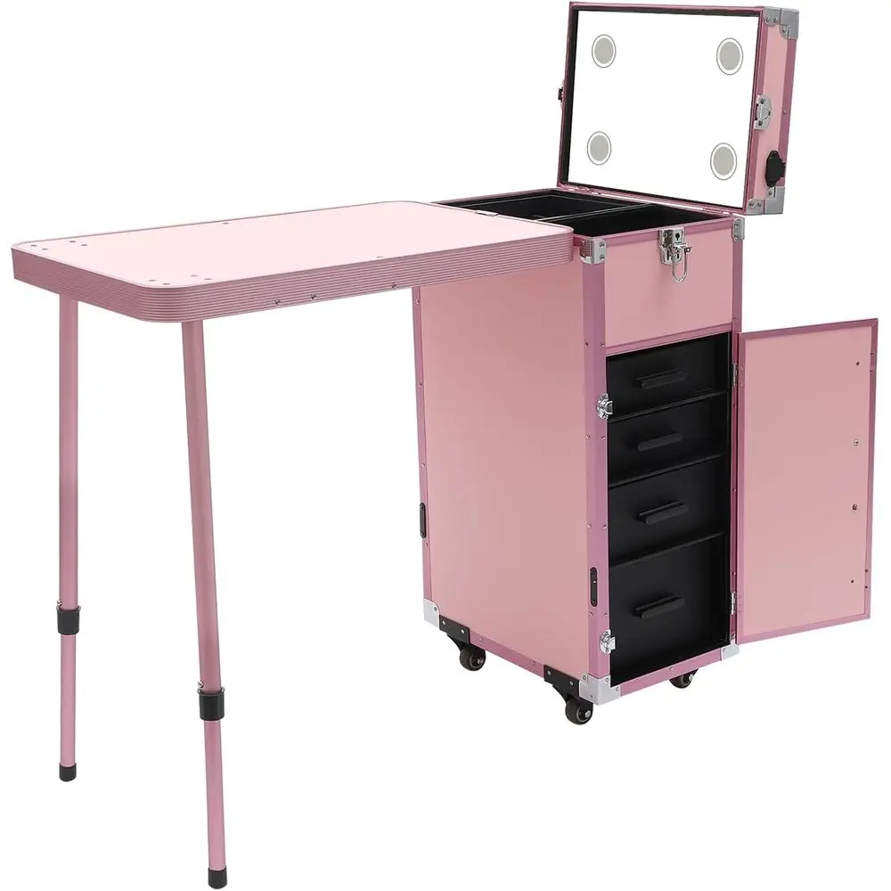 

Портативный косметический чемодан на колесиках с 4 ящиками, розовый дорожный органайзер для косметики с большим объемом хранения и зеркалом