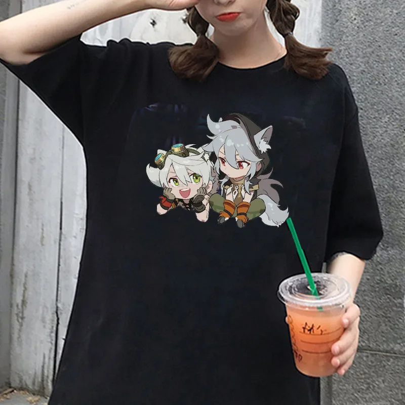 Bennett and Razor Genshin Impact Oversized T Shirt Short Sleeve Cartoon Print Summer Tops100%Cotton New Arrival Women Tees Loose