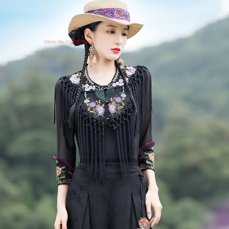 

2025 китайская этническая шаль с кисточками, накидка, накидка с национальной цветочной вышивкой, накидка, аксессуары ханьфу, восточная ретро куртка без рукавов