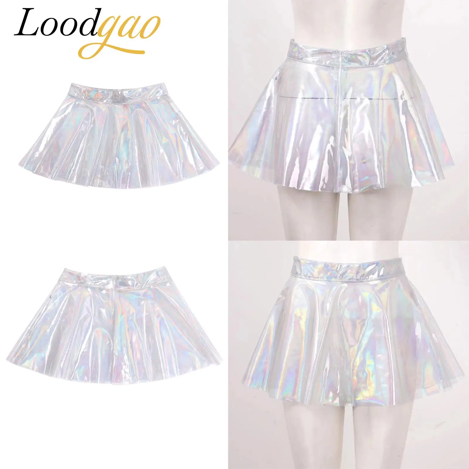 Sexy durchsichtige glänzende Röcke für Damen, Club, glänzender, ausgestellter Minirock mit hoher Taille, modischer Rave-Party-Clubwear-Minirock mit Reißverschluss